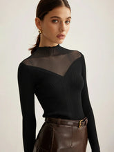 Mesh Panel Wool Blend Mock Neck Top